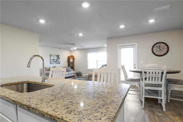 kitchen featuring light stone counters, visible vents, white cabinetry, a sink, and wood finished floors