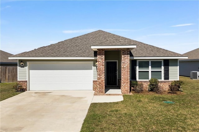 view of front of home featuring central air condition unit, brick siding, driveway, roof with shingles, and a front yard