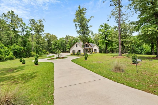 view of front of home with curved driveway and a front yard