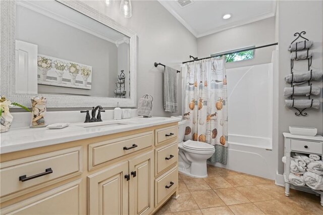 full bathroom featuring vanity, ornamental molding, tile patterned flooring, shower / tub combo with curtain, and toilet