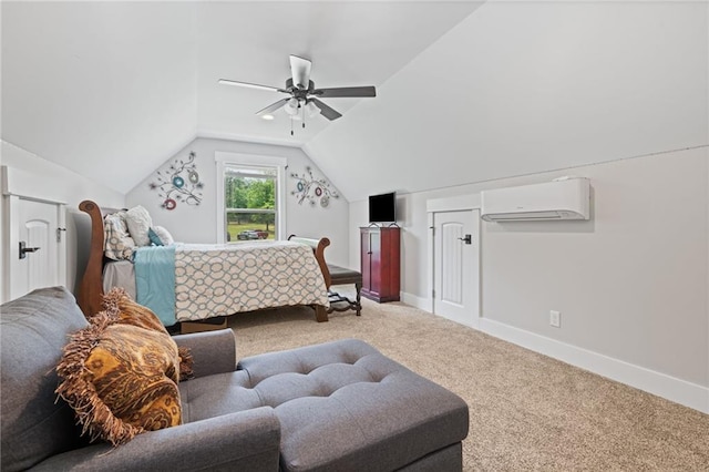carpeted bedroom featuring baseboards, a wall mounted air conditioner, a ceiling fan, and lofted ceiling