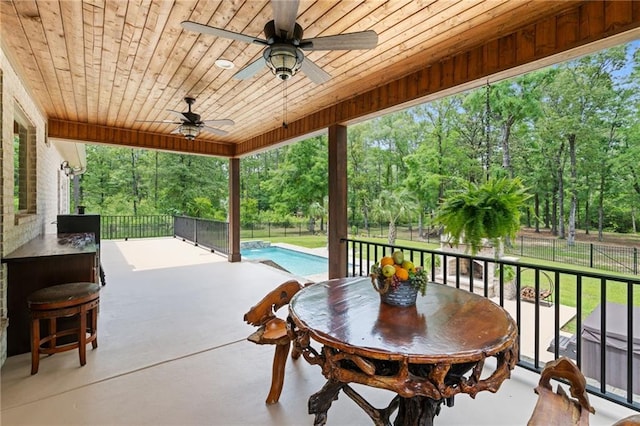 view of patio / terrace featuring fence, a ceiling fan, and a fenced in pool