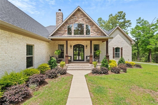 view of front of house with a porch, brick siding, a front lawn, and a chimney