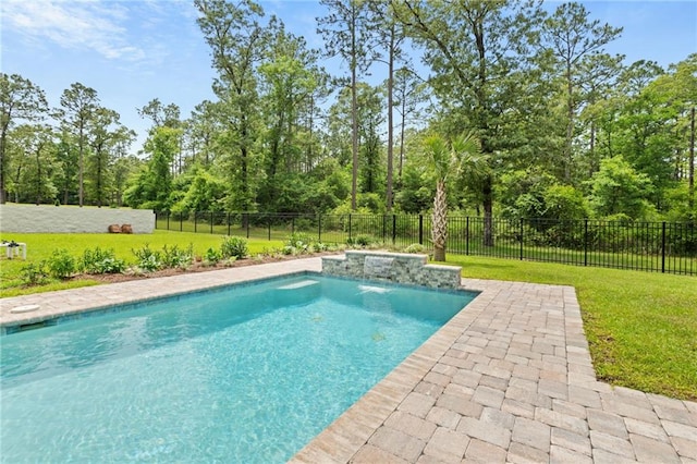 view of pool featuring a fenced in pool, a yard, and a fenced backyard