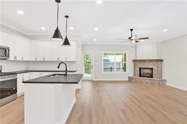 kitchen with dark countertops, ceiling fan, a sink, light wood finished floors, and appliances with stainless steel finishes