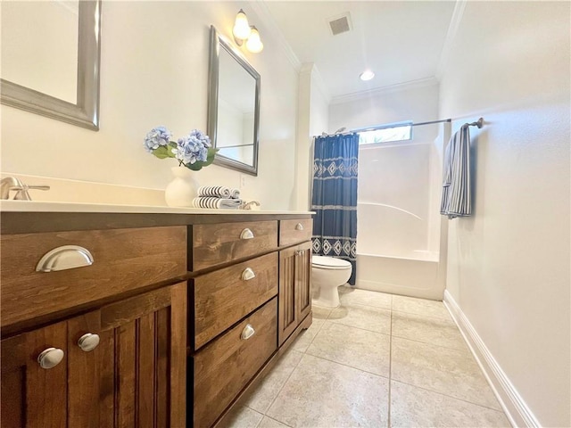 bathroom with shower / tub combo, visible vents, toilet, ornamental molding, and tile patterned floors