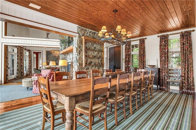 34460 Steelwood Ridge Rd, Loxley, AL 36551 - dining room with wood ceiling, a chandelier, wood finished floors, and wooden walls