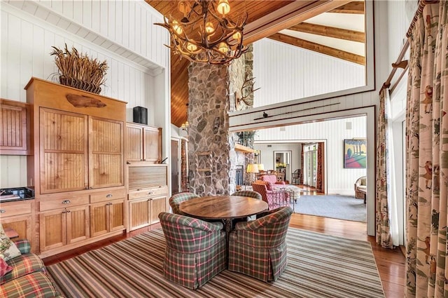 34460 Steelwood Ridge Rd, Loxley, AL 36551 - dining room with high vaulted ceiling, hardwood / wood-style floors, a chandelier, wood walls, and beamed ceiling