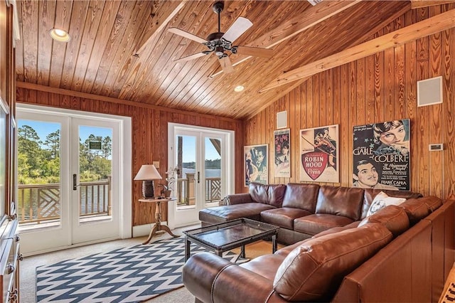 34460 Steelwood Ridge Rd, Loxley, AL 36551 - living area with wooden ceiling, french doors, lofted ceiling, wooden walls, and a ceiling fan