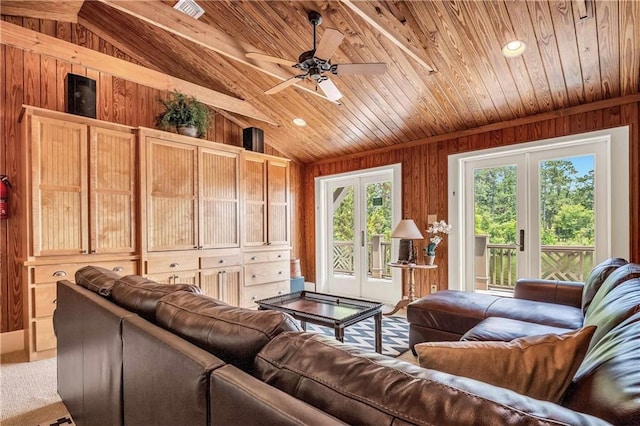 34460 Steelwood Ridge Rd, Loxley, AL 36551 - carpeted living room with wood ceiling, wooden walls, ceiling fan, and french doors