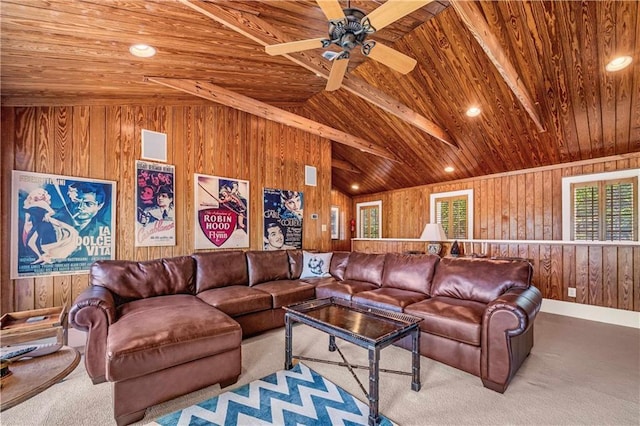 34460 Steelwood Ridge Rd, Loxley, AL 36551 - carpeted living room featuring wooden ceiling, wooden walls, a ceiling fan, and recessed lighting