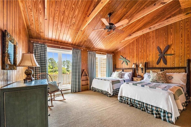 34460 Steelwood Ridge Rd, Loxley, AL 36551 - bedroom featuring wooden ceiling, lofted ceiling, wooden walls, and carpet floors