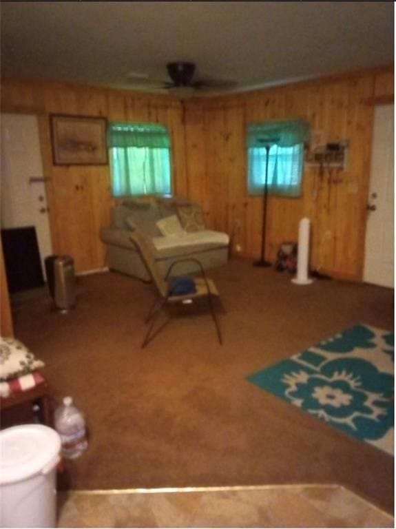 living room with wood walls