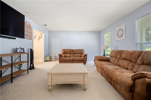 living room featuring light colored carpet and a textured ceiling