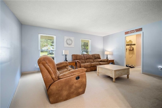 carpeted living room featuring a wealth of natural light and a textured ceiling