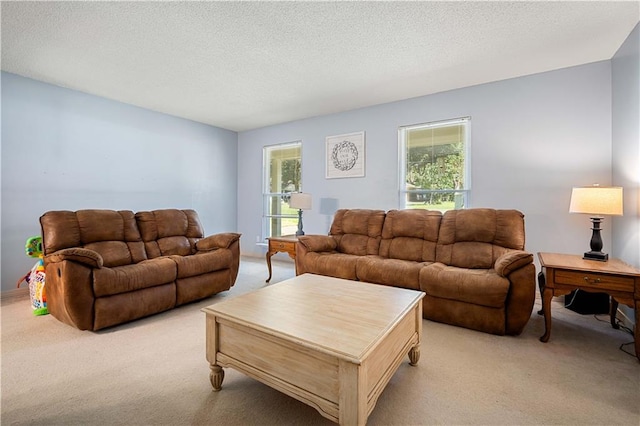 living room with a textured ceiling and light colored carpet