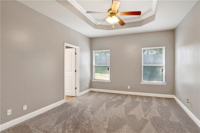 carpeted spare room featuring ornamental molding, a tray ceiling, plenty of natural light, and baseboards