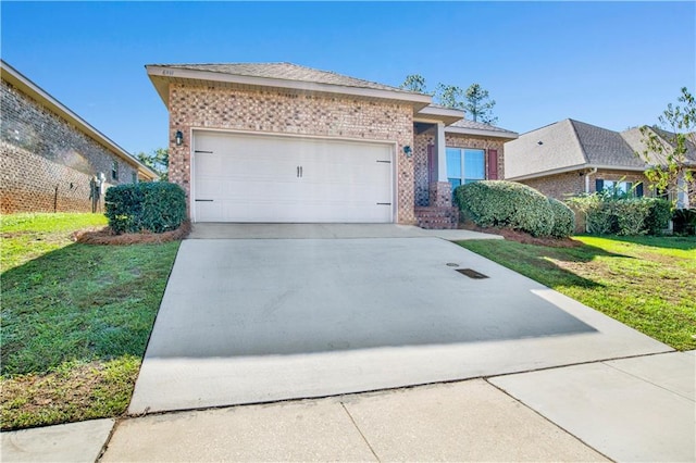 single story home with driveway, brick siding, an attached garage, and a front yard