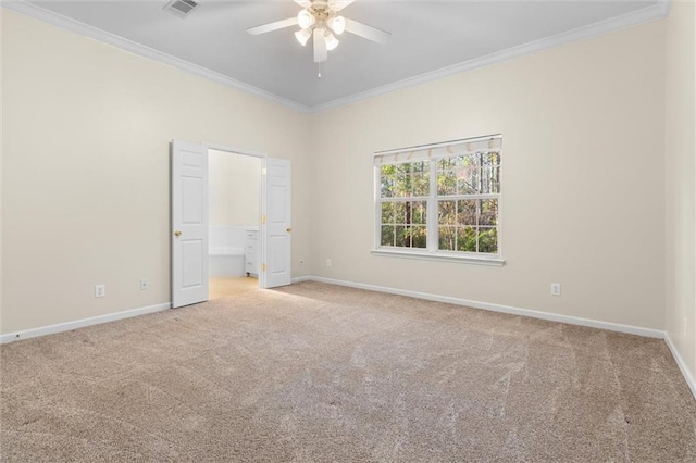 unfurnished bedroom with light carpet, ceiling fan, and crown molding