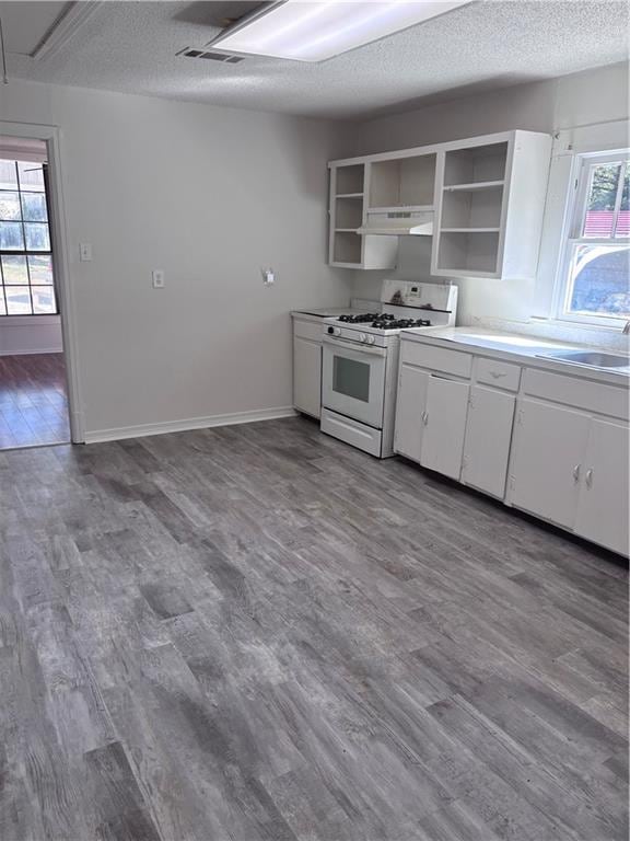 6830 Freedom Ln, Eight Mile, AL 36613 - kitchen with white gas range oven, a sink, open shelves, wood finished floors, and white cabinets