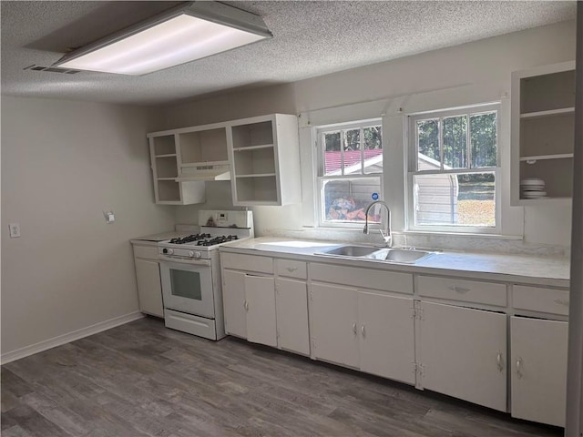 6830 Freedom Ln, Eight Mile, AL 36613 - kitchen featuring white gas stove, a sink, open shelves, a textured ceiling, and under cabinet range hood