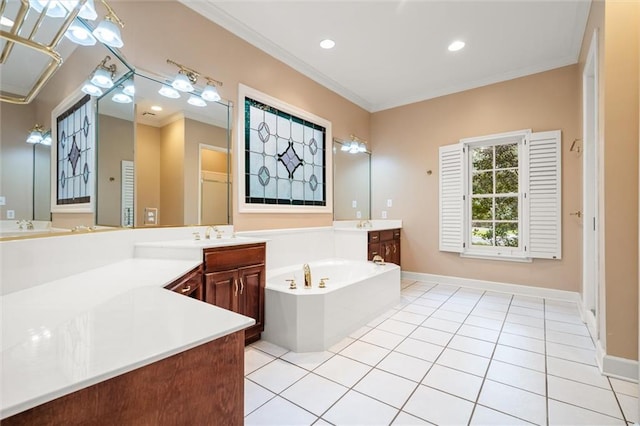 bathroom featuring tile patterned flooring, a bath, vanity, and ornamental molding