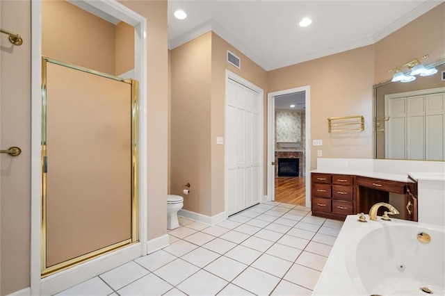 full bathroom with ornamental molding, vanity, plus walk in shower, tile patterned flooring, and toilet