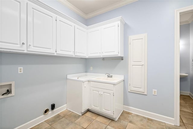 washroom featuring sink, cabinets, crown molding, hookup for a washing machine, and light tile patterned flooring