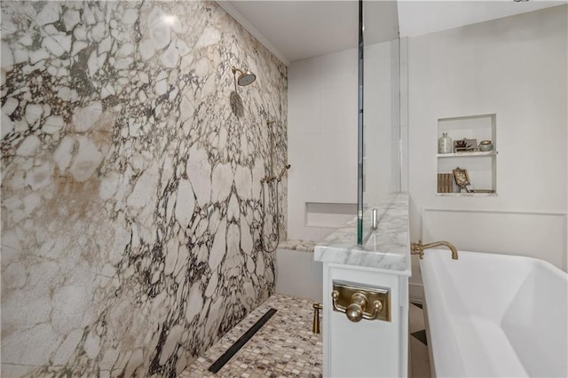 bathroom featuring independent shower and bath and tile walls