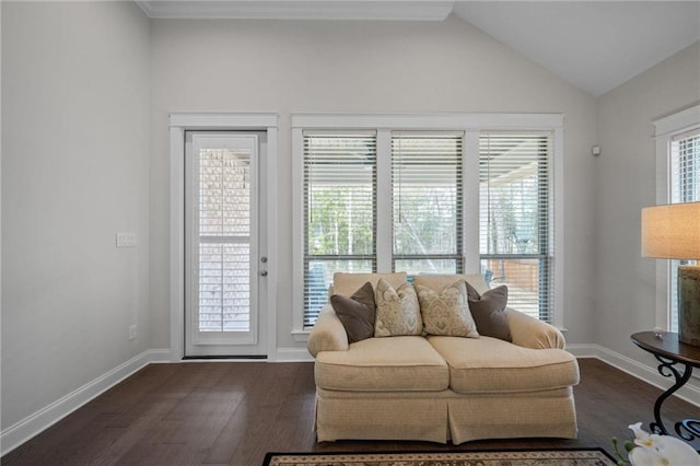 living room with lofted ceiling, dark wood-type flooring, a wealth of natural light, and baseboards