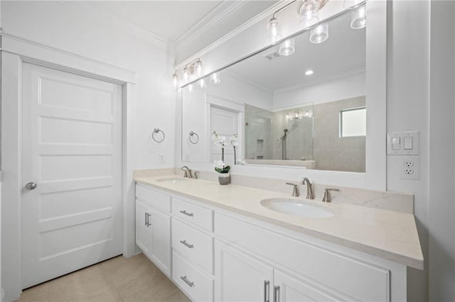 full bathroom featuring double vanity, crown molding, a sink, and tiled shower