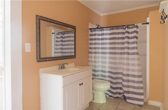 bathroom with tile patterned flooring, vanity, ornamental molding, toilet, and a shower with shower curtain