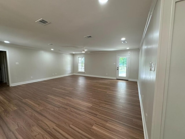 3050 Lacoste Rd, Mobile, AL 36618 - empty room with crown molding, baseboards, dark wood-type flooring, recessed lighting, and ceiling fan