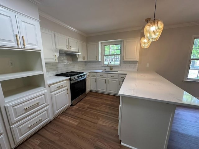 3050 Lacoste Rd, Mobile, AL 36618 - kitchen featuring stainless steel gas range oven, a peninsula, dark wood-style floors, under cabinet range hood, and white cabinetry