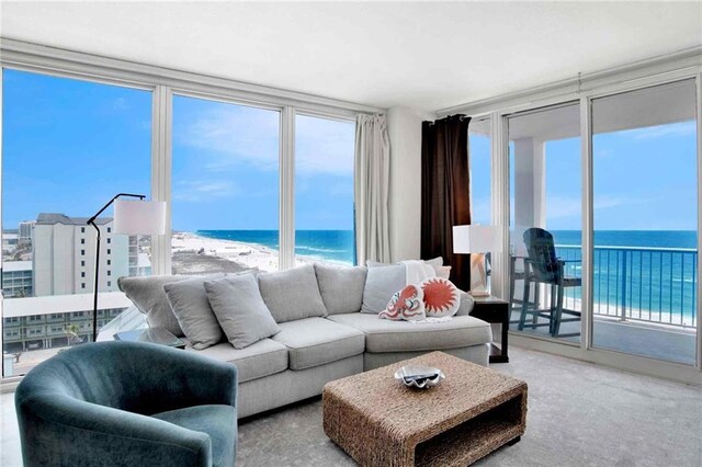 living room featuring a water view and healthy amount of natural light