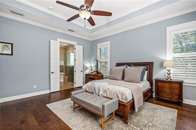 bedroom with dark wood-style floors, visible vents, baseboards, and multiple windows