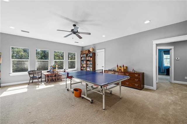 game room with recessed lighting, light carpet, a ceiling fan, visible vents, and baseboards