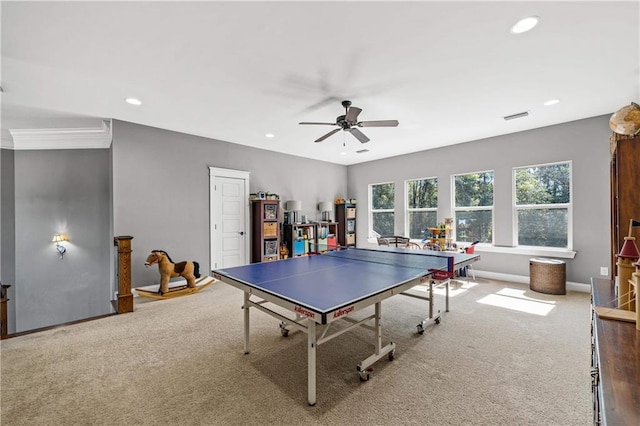 recreation room featuring baseboards, carpet floors, visible vents, and recessed lighting