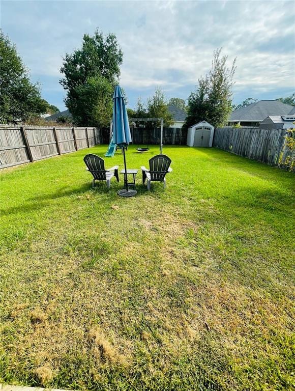 view of yard featuring a shed