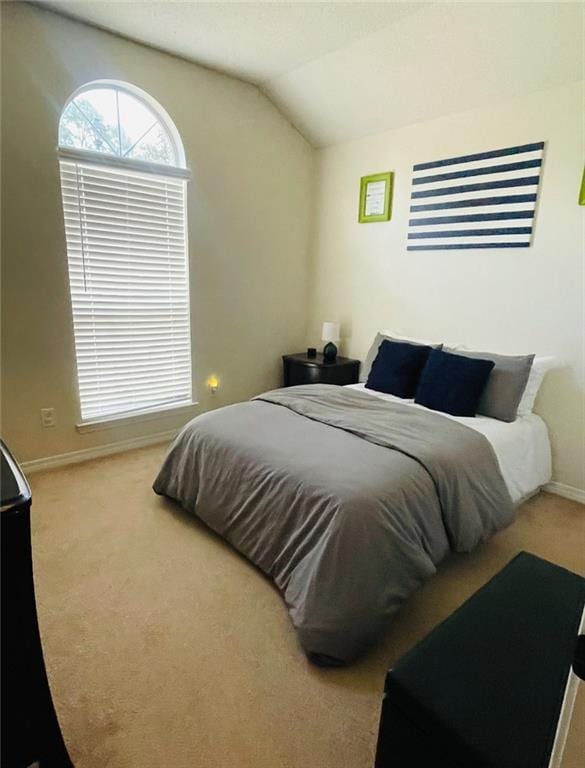 bedroom featuring carpet flooring and vaulted ceiling