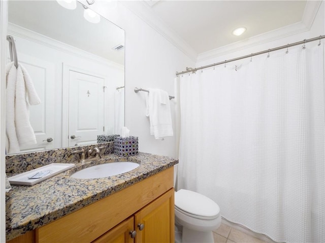 bathroom with toilet, tile patterned flooring, ornamental molding, and vanity