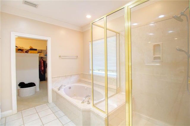 bathroom featuring independent shower and bath, tile patterned flooring, and crown molding