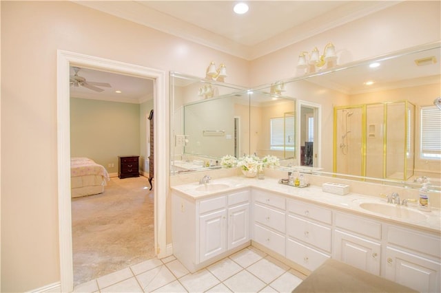 8857 Dawes Lake Rd S, Mobile, AL 36619 - bathroom featuring tile patterned floors, connected bathroom, double vanity, ornamental molding, and recessed lighting