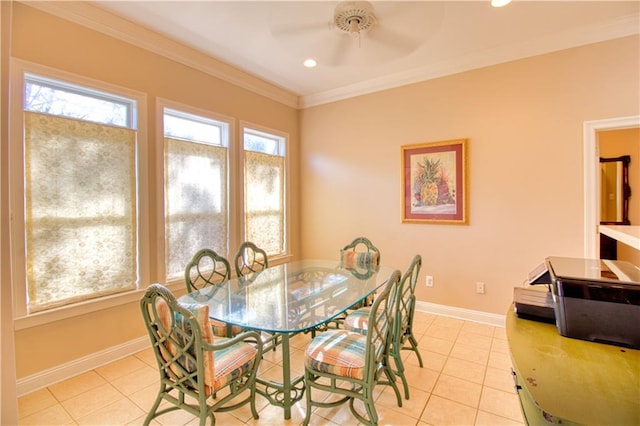 dining area featuring light tile patterned floors, ceiling fan, and crown molding