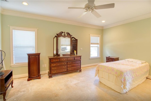 bedroom featuring light colored carpet, ceiling fan, and crown molding