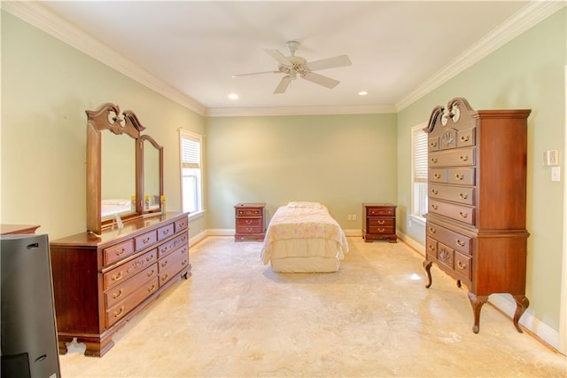 bedroom with ceiling fan and crown molding