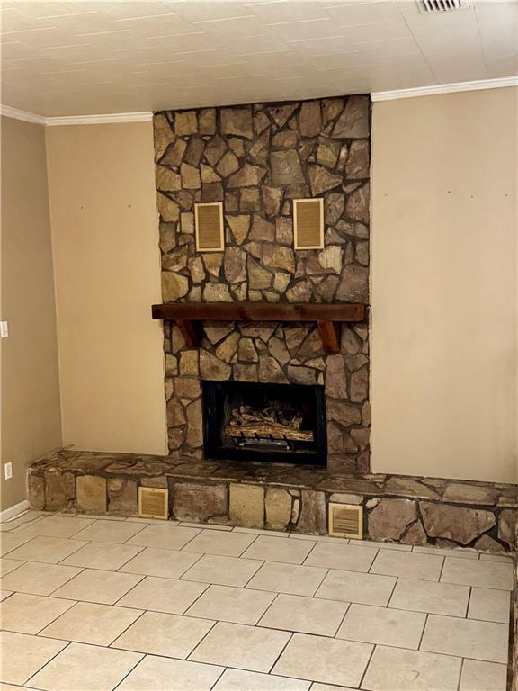 room details with ornamental molding and a stone fireplace