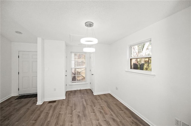 unfurnished dining area with dark hardwood / wood-style floors, a textured ceiling, and a wealth of natural light