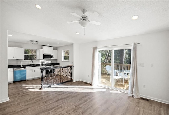 kitchen featuring lofted ceiling, hardwood / wood-style flooring, stainless steel appliances, and white cabinets