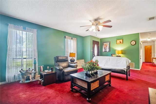 living room featuring carpet floors, a textured ceiling, and a wealth of natural light